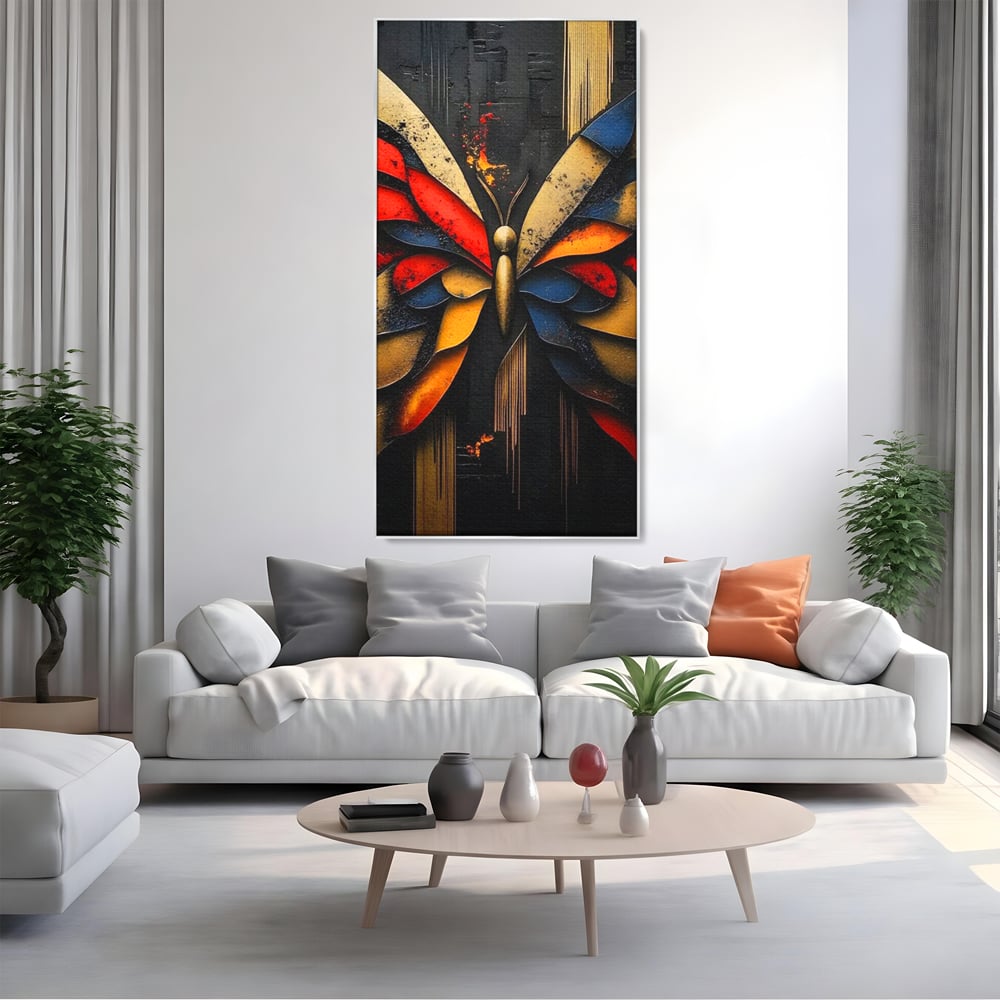 Tablou canvas cu tablou canvas cu fluture abstract, in rama de aluminiu argintiu, pe perete intr-un living